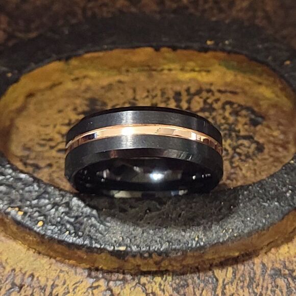 Men's Real Black Tungsten Wedding Ring 14K Gold Filled Center Groove Gold Line - Picture 5 of 11